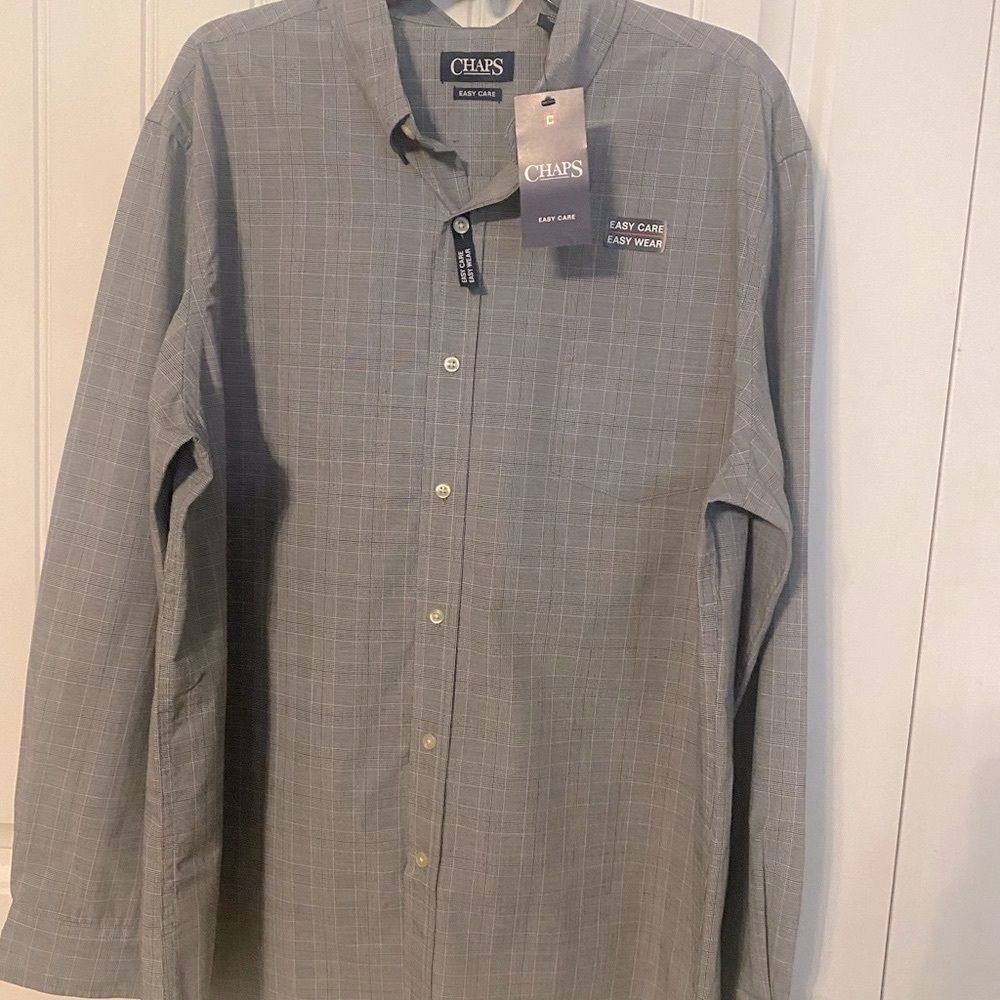 CHAPS Mens Mini Plaid Gray Black White Easy Care Button Down Long Slv Sz 2XL
